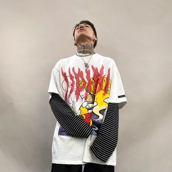 

Men Gradient Print Splice Long Sleeve T-shirt Male Women High Street Hip Hop Vintage Fashion Loose Couple Tees Shirts