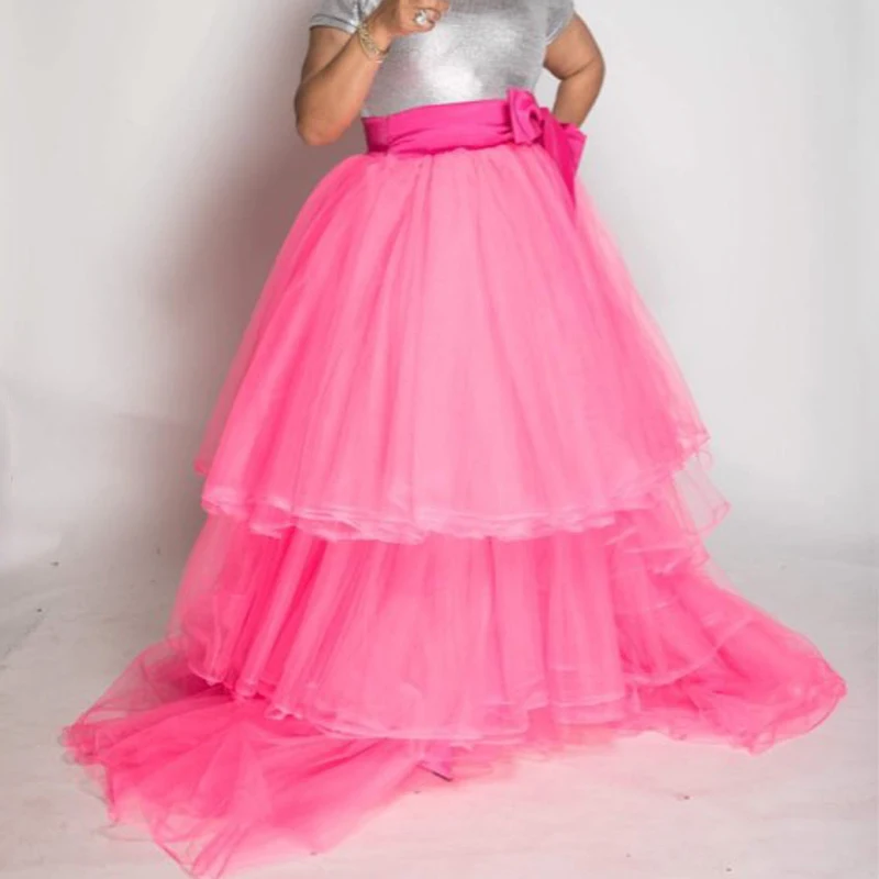 

Hot Pink Tiered Tulle Maxi Skirt Plus Size Ball Gown Long Tutu Prom Skirts with Sash Sweep Train Saia Faldas Elegant Party Skirt