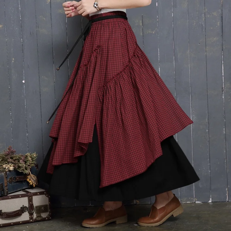 Женская хлопковая юбка Весенняя Асимметричная в клетку с высокой талией | одежда