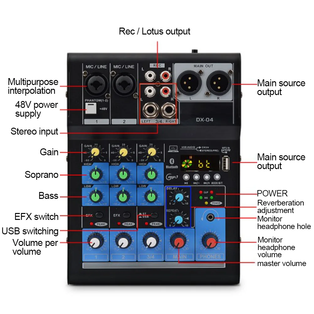 Аудио микшер Портативный USB микшерный пульт Bluetooth Запись профессиональный караоке домашний маленький 4 канала DJ KTV стерео звуковая карта