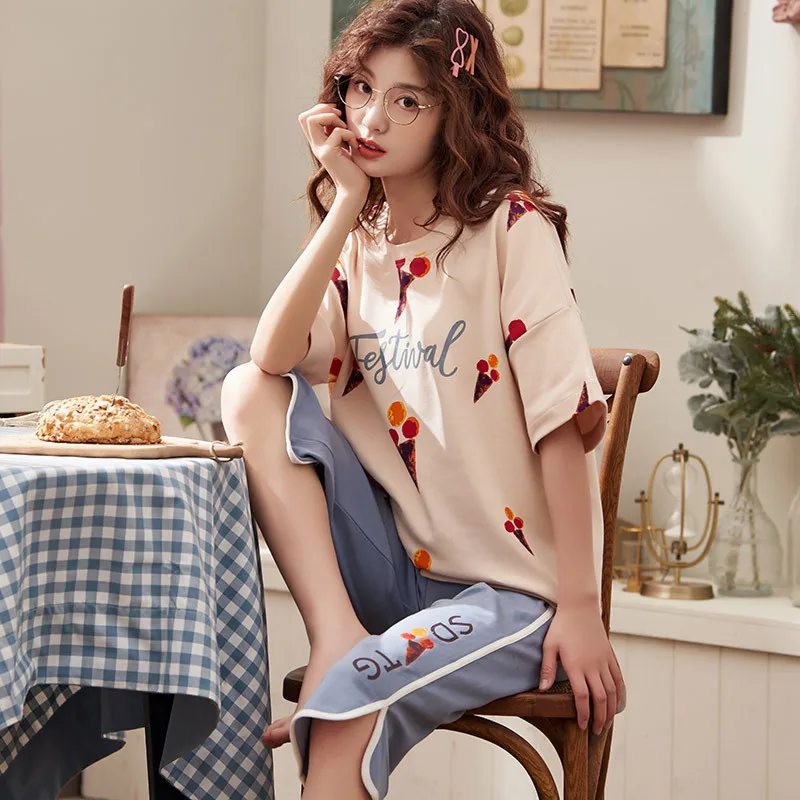 

Large Size Pajamas Summer WOMEN'S Short-sleeved Clothes Capri Pants Set Crew Neck WOMEN'S Dress Pure Cotton 200 4XL Home Pajamas