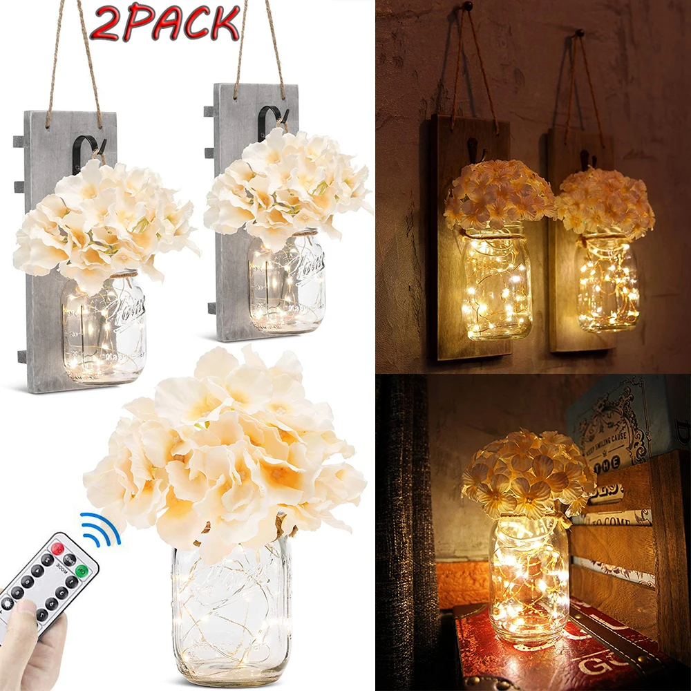 

2Pack Mason Jar Light Rustic Wrought Iron Hooks Silk Hydrangea Remote Control LED Strip Night Lights Wall Sconces Home Decor D30