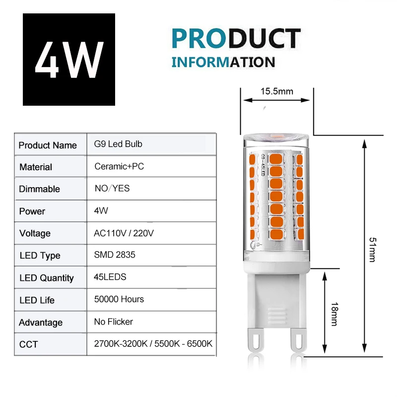 Dimmable светодиодный G9 Лампа без мерцания AC110V 220V 45 S 2835SMD 3W светильник керамический