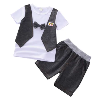 

2020 New Summer Casual Boy Clothes Baby Set Bow fake vest T-shirt + shorts 2 pieces Boy Sets