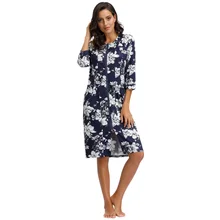 Женские халаты, 3/4, рукав, вырез лодочкой, на молнии, одежда для сна, осень, весна, ночная рубашка, ночная рубашка, для девушек, цветочный принт, платье до колен