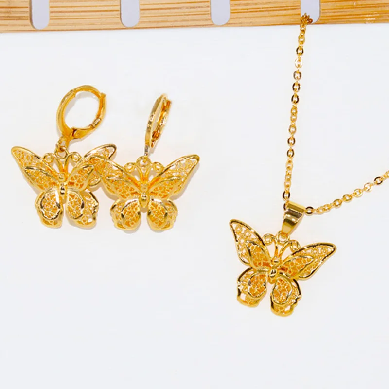 Moda mariposa Dubai pequeños juegos de joyas para mujer 24K collar de oro colgante pendientes de botón pendientes conjunto de Etiopía de boda... rega