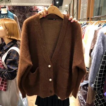 

New Loose V-neck Solid Color Cardigant Women Fall Winter Casual Single Breasted Pockets Soft Sweater Jacket Female 2020