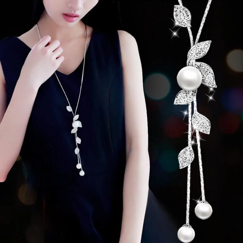 Necklace Women Boho Sweater Long Fashion Leaf Simple Pearl Fringe Wild Chain подвеска |