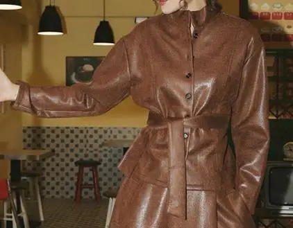 Top jacket Тонкая куртка из искусственной кожи со шнуровкой и поясом-бабочкой, ветровка, роскошное Женское пальто на осень и весну, ярко-коричневого цвета, цвета хаки - Цвет: Top jacket