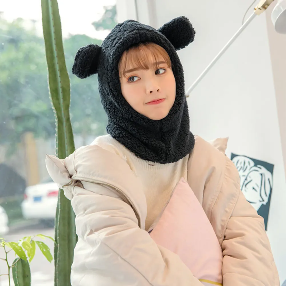 Fashion Accessories Winter Warm Earflap Hood Full-Cover Face Mask Women Cute Fleece Scarf Hat Windproof Protective Neck Hat