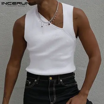 Fashion Men Tank Tops Sleeveless Solid Color Sexy Irregular Vests V Neck Streetwear 2021 Casual Men