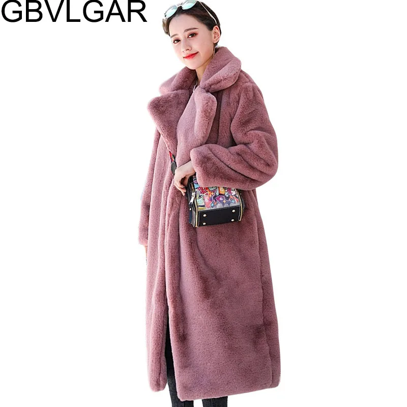 

Women Winter High Quality Faux Rabbit Fur Coat Luxury Long Fur Jacket Lapel OverCoat Thick Warm Plus Size Female Cardigan Coat