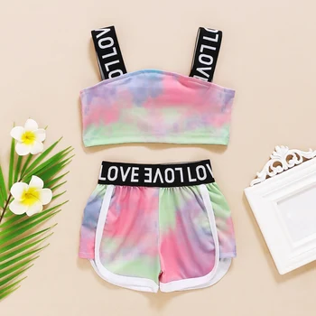 

Summer Baby Girl Clothes Sets Casual Love Printed Strap Sleeveless Vest Shorts Outfits Set Tie-dye Tracksuits Girl Clothing New