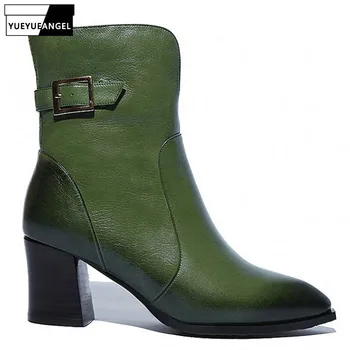 

Winter Buckle Womens Boots Genuine Leather Pointed Toe High Heel Boots Women Thick Zipper Warm Shoes Female Work Boots