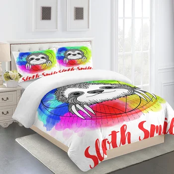 

ALWSREH Home Textile Bedding for Children Fluffy Duvet Cover Set Bedroom Comforter and Pillow Cases Sloth Smile Cartoon Colorful