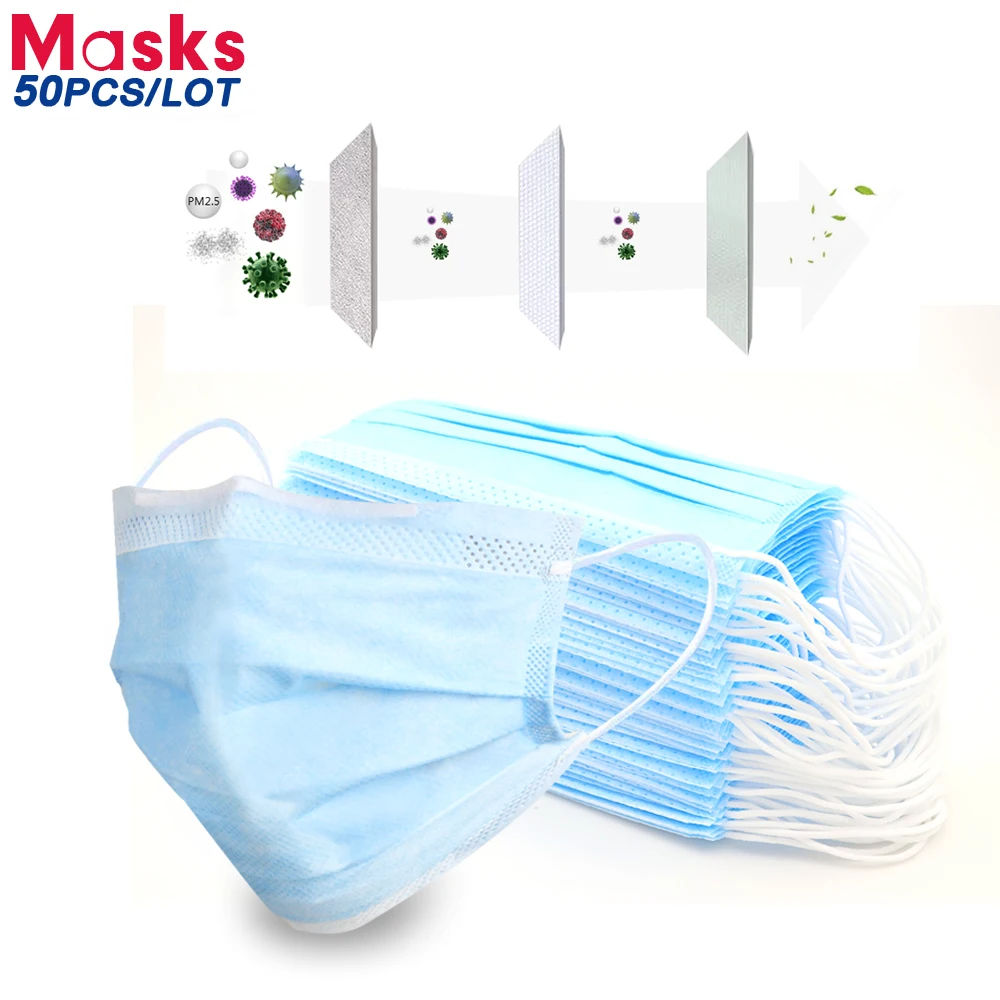 

50 Pcs Surgical Face Mask 3 Layers Filter Waterproof Nose Mouth Medical Masks Prevent Anti Virus Bacteria Coronavirus Dust Mask