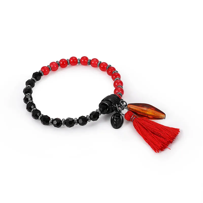 

2019 New Red Black Natural Stone Bracelet Glass Beaded Boho Tassel Crystal Pendant Bracelets for Women Friend Gift