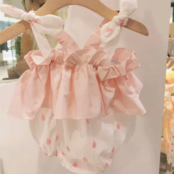 

Sweet Newborn Baby Girls Raindrop Print Round Neck Ruffle Sleeveless Bodysuit Polka Dot Cotton Tops Baby Jumpsuit With Hat