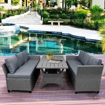 

Weaving Rattan Sofa Set Sectional Rattan Wicker Patio Sofa Outdoor Patio Furniture Set with Cushion & Top Table Conversation Set