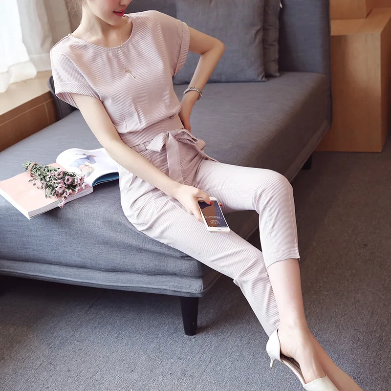 

2017 Summer New Style Korean-style Stripes Two Set-Style Slim Fit Crew Neck Short Sleeve WOMEN'S Suit Fashion