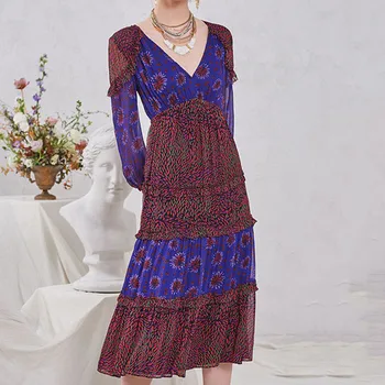 

2020 New Women Silk Long Dress Bohemian Ruffle Long Sleeve V Neck Flower Print Patchwork Thin Elegant Ladies Midi Dresses
