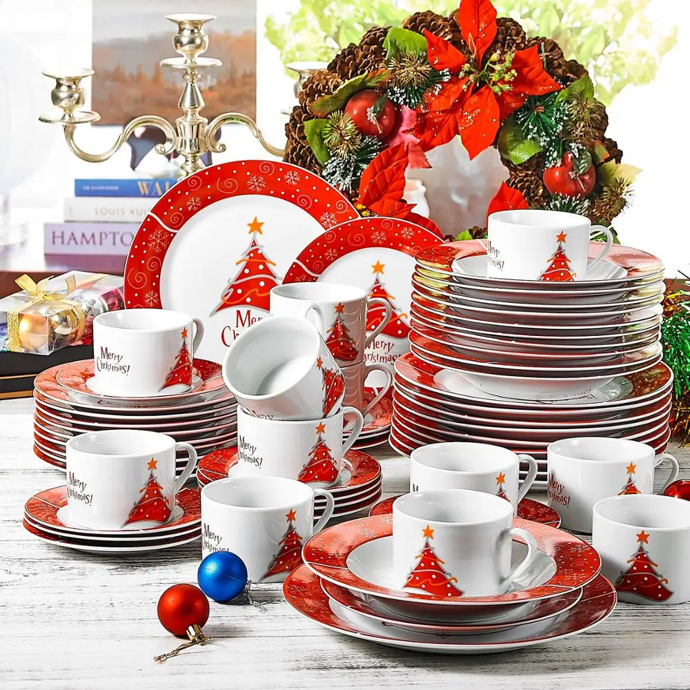 

VEWEET 60-Piece Christmas Style Porcelain Dinnerware Set with 12*Cup,Saucer,Dessert Plate,Soup Plate,Dinner Plate Set Gift