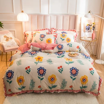 

Winter Snowflake Cashmere bedding sets 4pcs Flat sheet Duvet cover Set Soft Warm AB Side Bed Linen Sete Throw Mechanical Wash