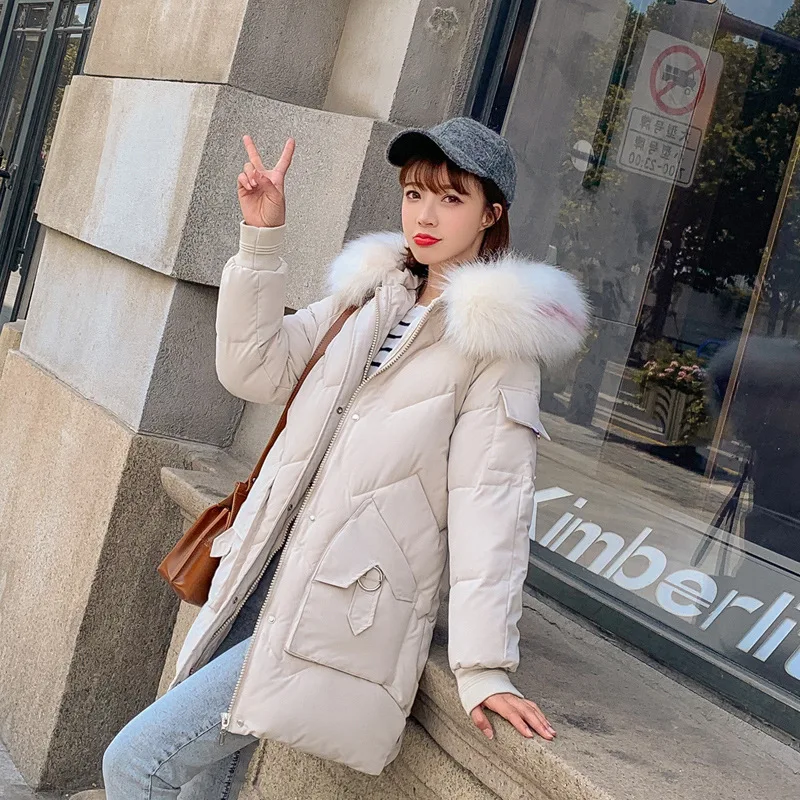 

Photo Shoot 2019 New Style down Jacket Women's Korean-style Mid-length Loose-Fit Large Fur Collar Cotton-padded Clothes Large Po