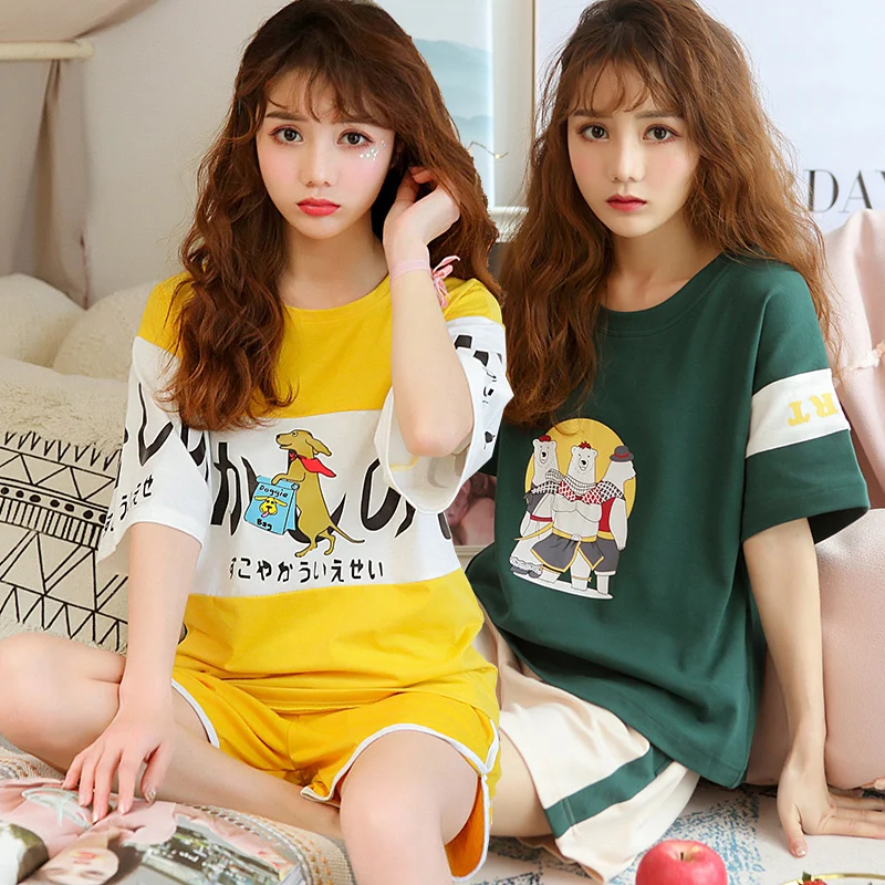 Short Sleeve Shorts Cotton Pajama Sets for Women Summer Cute Cartoon Sleepwear Suit Pyjamas Homewear Pijama Mujer Home Clothes | Женская