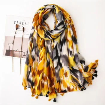 

Cotton Scarf Yellow Rendering Leopard Print Long Viscose Scarf Women Travel Sun-proof Shawl