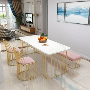 

Nordic marble dining table, home wrought iron long table, small apartment, multi-person rectangular dining table