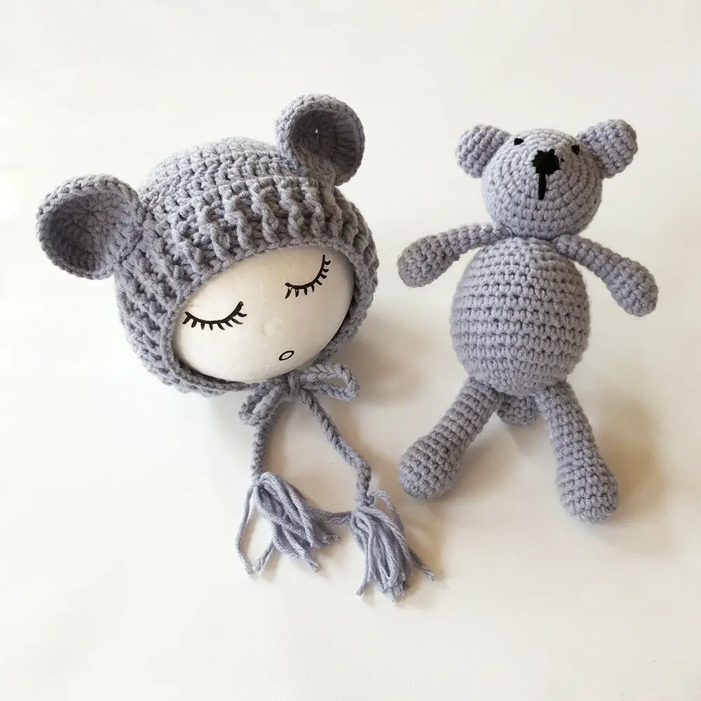 Одежда для новорожденных девочек и мальчиков; вязаный костюм «кроше» для фотосессии; вязаная шапка с милым медведем - Цвет: Серый