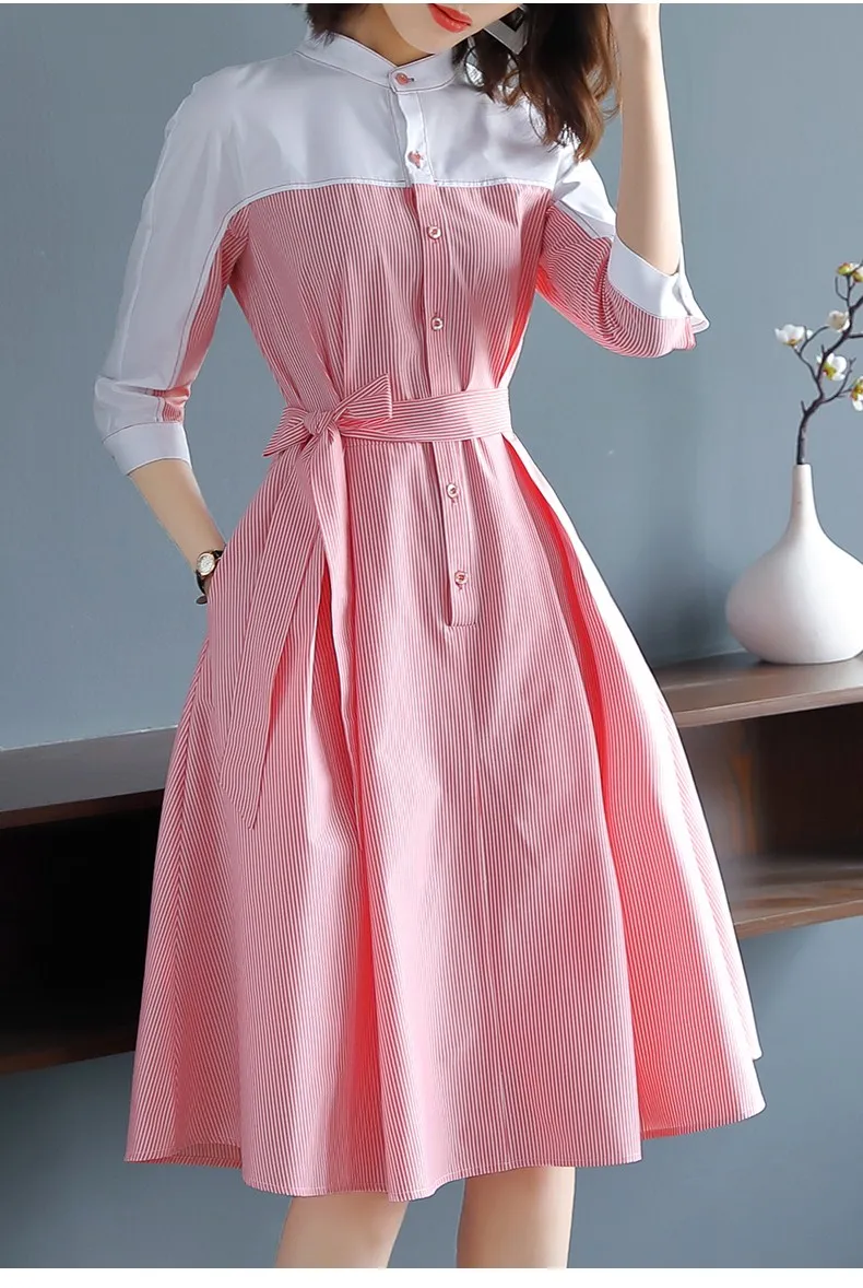 Женское платье с длинным рукавом, vestidos, новая мода, весна-лето, элегантное, облегающее, в полоску, рубашка, для офиса, для работы, миди, платья с поясом - Цвет: Pink
