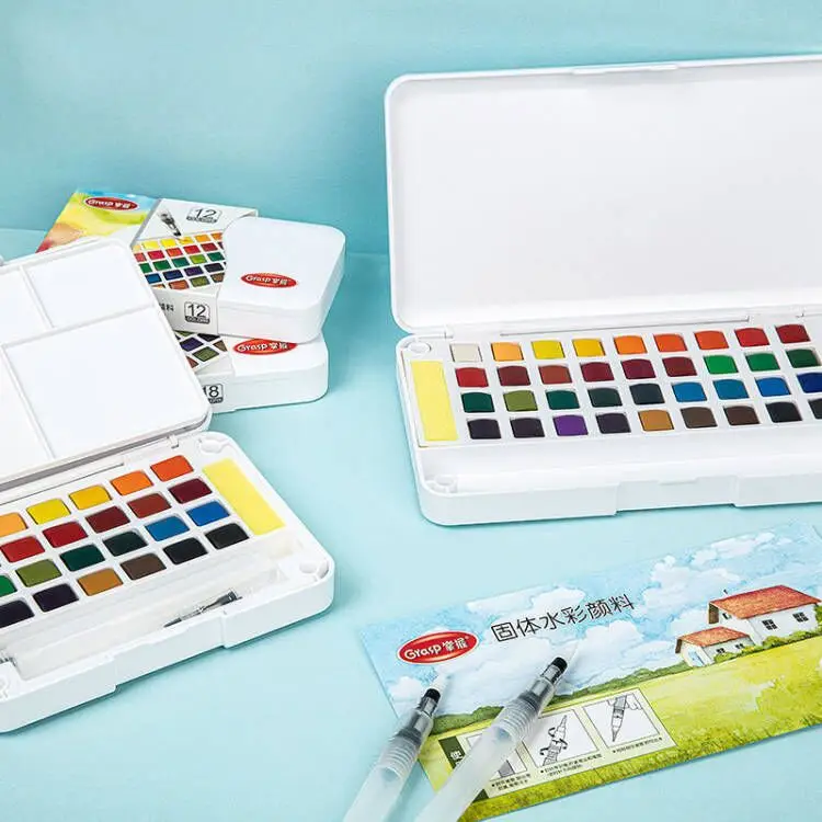 Portable 12/18/24/36/48 Colors Solid Pigment Watercolor Paints Set With Sponge Water Brush Pen For Artist Painting Art Supplies