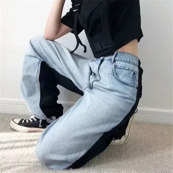 

Blogger Contrast Color Splicing Cowboy Overalls Gao Waist Drawstring Loose Beam Foot Cowboy Trousers Female