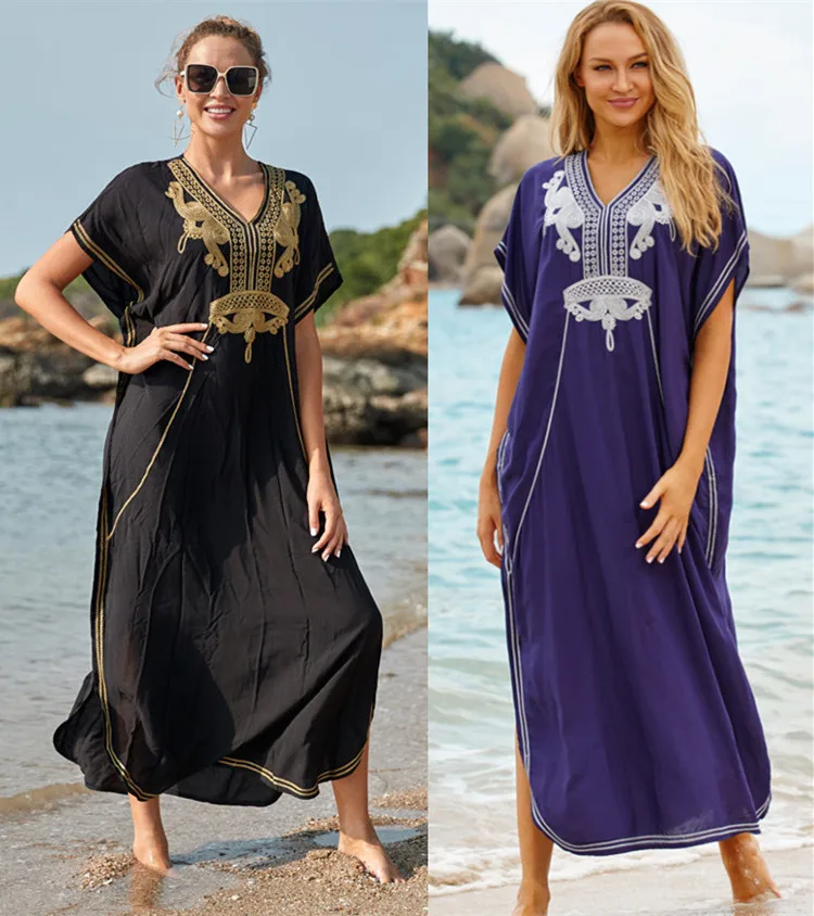 Embroidery Cotton Beach Cover up Saida de Praia Swimsuit Women Bikini cover up Tunics for Beach Pareo Sarong Beachwear