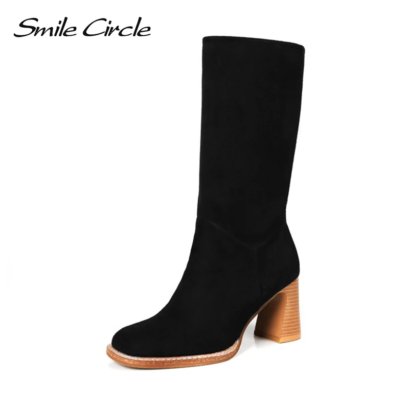 

Smile Circle slip-on To the calf Short Boots High heel Women shoes 2019 Autumn fashion Square toe boots Ladies