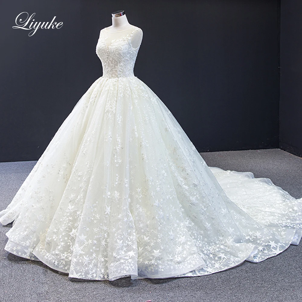 Picture Ivory color Liyuke новое бальное платье без рукавов свадебное платье со звездами кружевное с часовней Шлейфом Платье Невесты - Цвет: Picture Ivory color