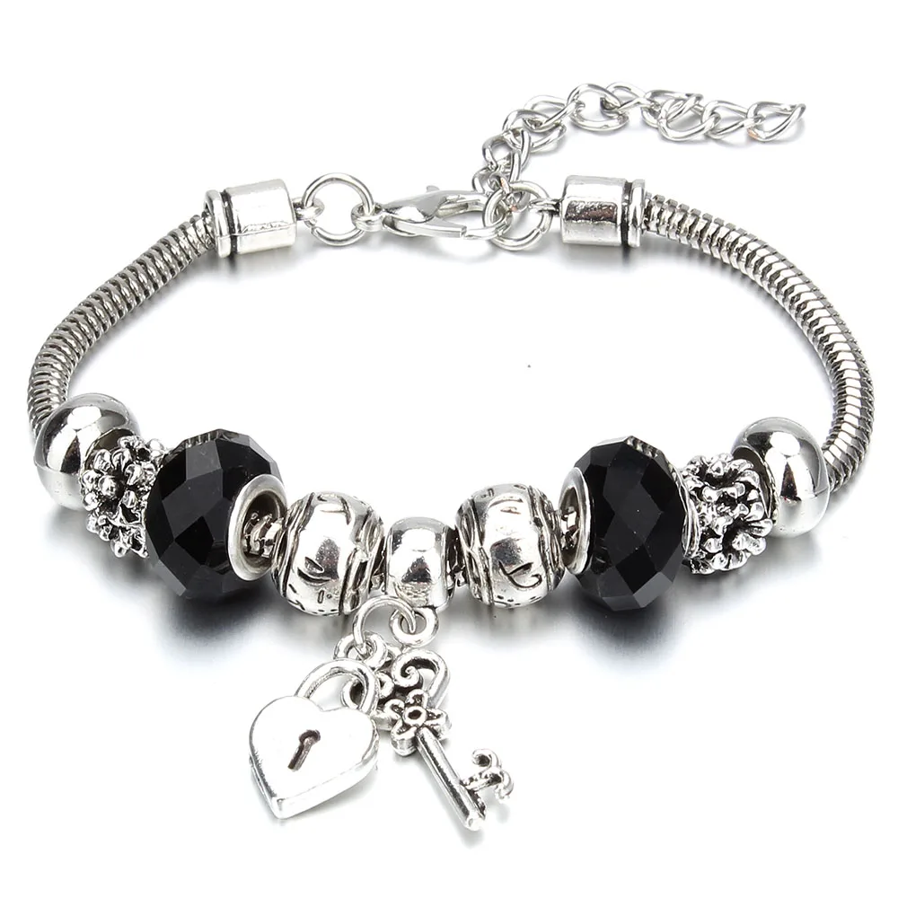 Bracelet Jewelry Vintage Original Heart-Shaped Key Lock Charm Bracelets for Women Rhinestone Beads Bracelet & Bangle DIY Jewelry Gifts