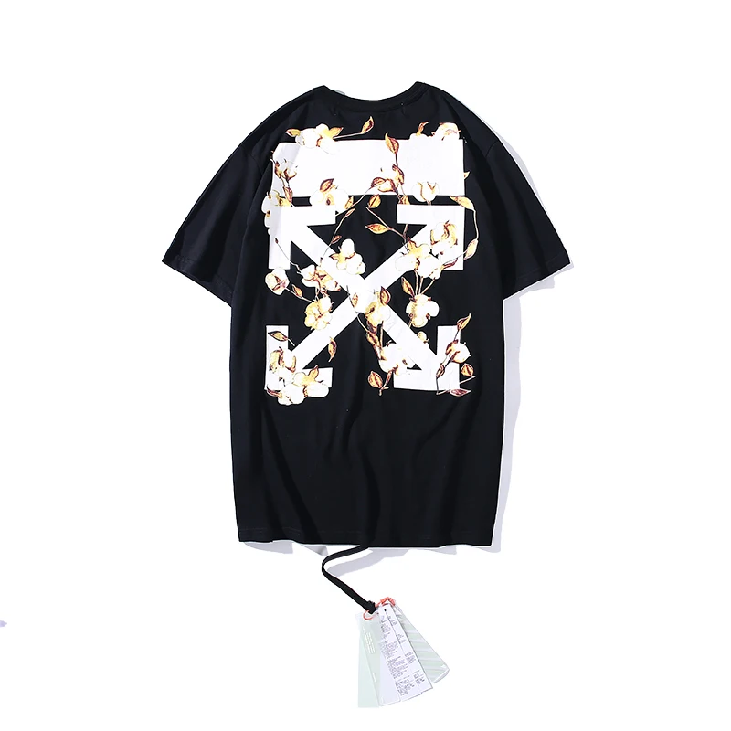 Цветы стрела 19ss Off-White OW для мужчин/женщин унисекс модные парные модели влюбленных хлопок Повседневная футболка с круглым вырезом и коротким рукавом - Цвет: Черный