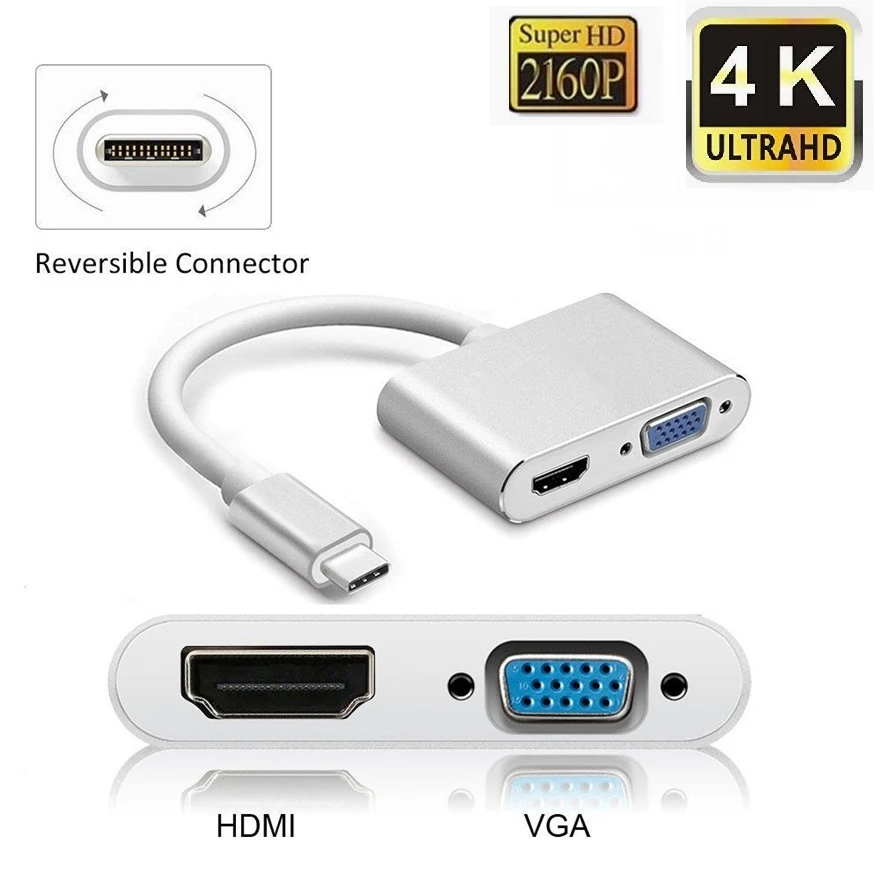 Helt vildt stamme markedsføring 100set 2 In 1 Usb C 3.1 To Hdmi Vga Adapter Type C Type-c To Hdmi 4k Vga  With Audio Uhd Converter Adapter For Macbook Pro S10 S9 - Pc Hardware Cables