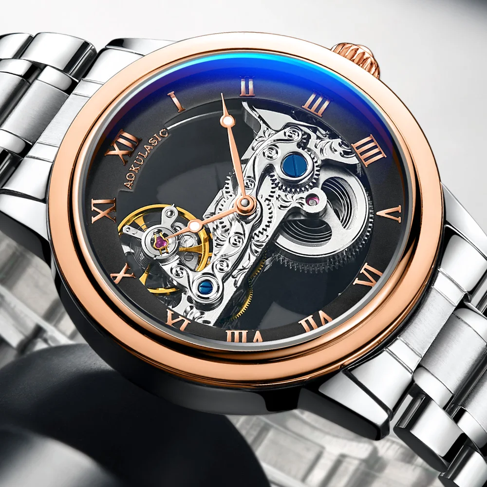 

Fashion Automatic Mechanical Watch Luxury Rhinestone Tourbillon Skeleton Hollow Watch Stainless Steel Self-winding Clock Reloj U