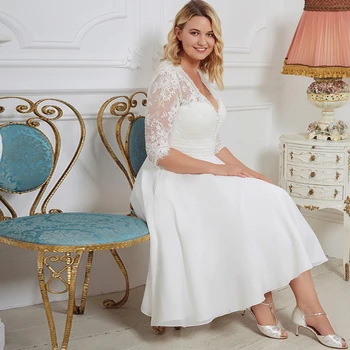 

Vintage Tea-length Wedding Dresses Deep V-neck Chiffon Bridal Gown with Sleeves Vestido de Novia Beach Bride Dress