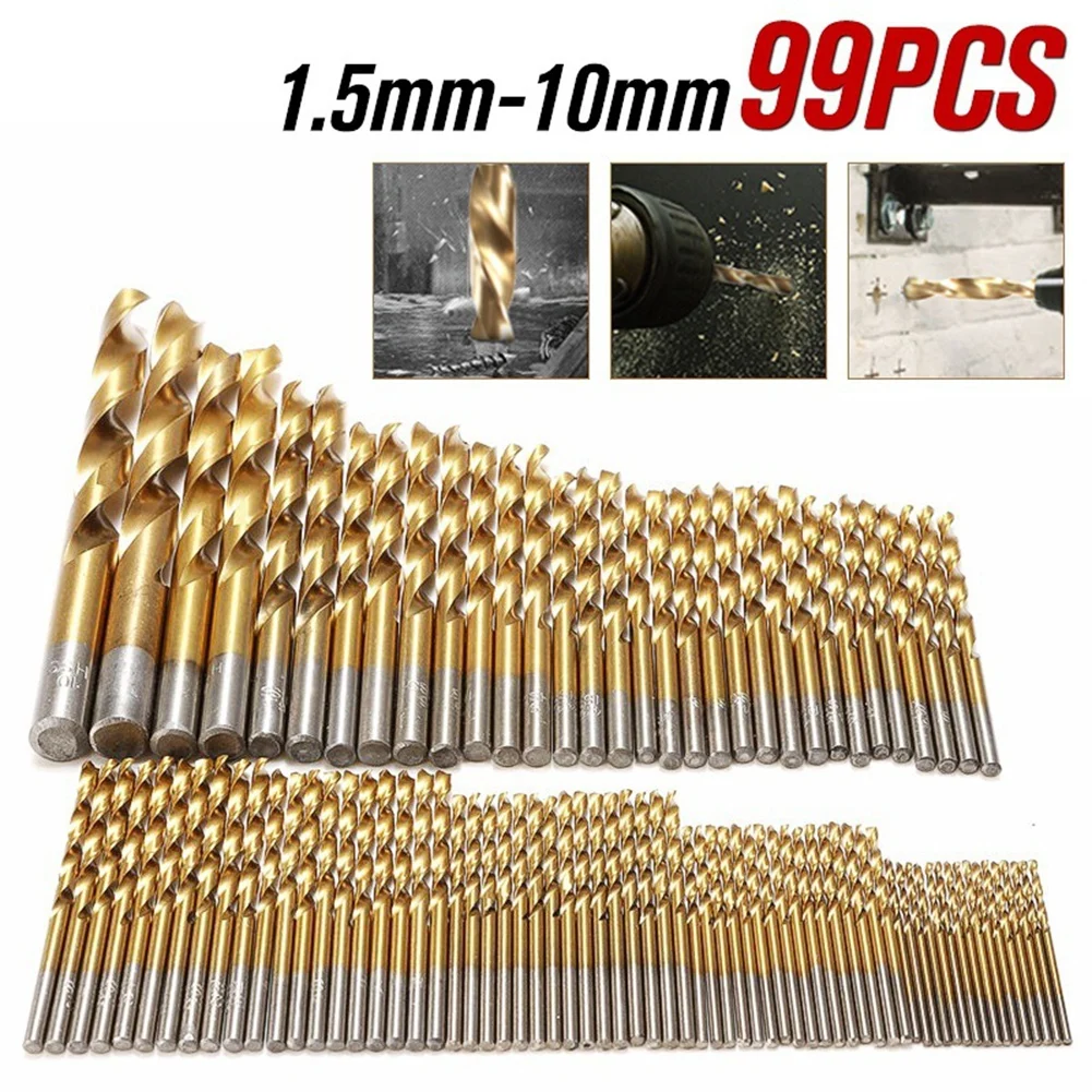 99PCS Drill Bit Sets Titanium Coated HSS High Speed Steel Hex Shank Bits Durable Tools for Wood