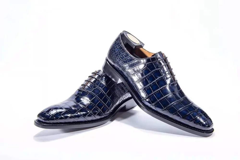 Лучшее качество, натуральная крокодиловая кожа, кожа живота, мужская обувь, прочная Глянцевая крокодиловая кожа, мужская модельная обувь, деловая обувь синего цвета
