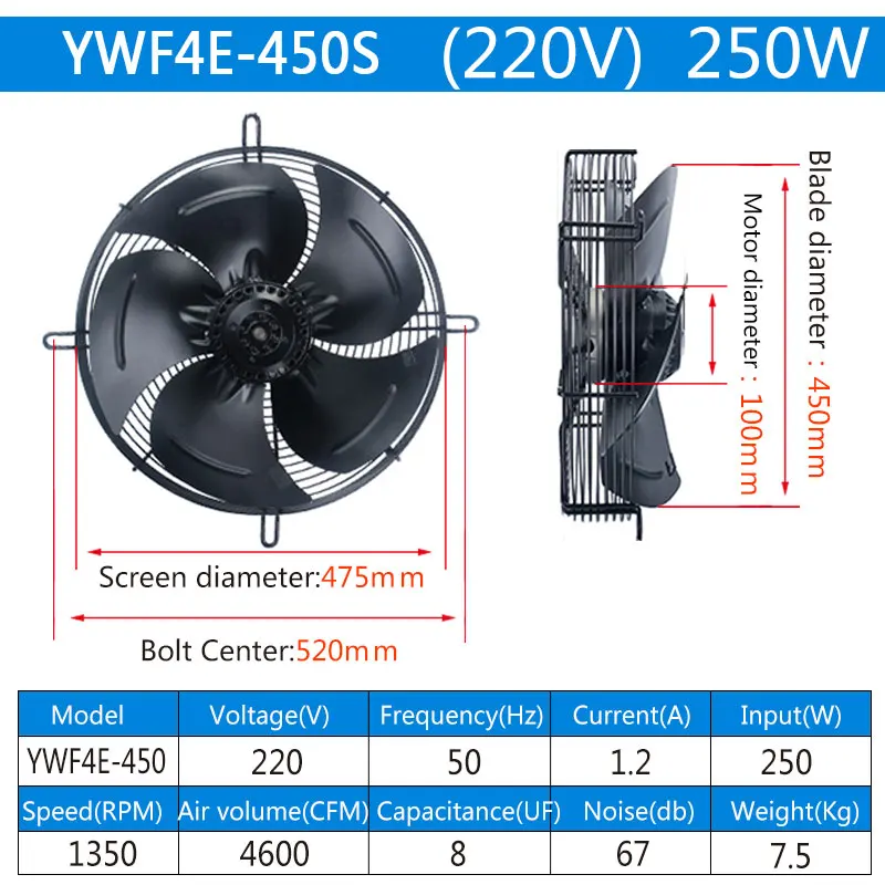 250 Вт внешний ротор осевой вентилятор YWF4E/4D-450S конденсаторный вентилятор 220/380 В