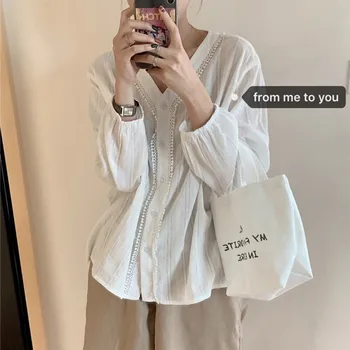 

Women Sexy Blouse V Collar Lantern Sleeve Cotton Solid Color Tights Lace Single-breasted Slim Loose Blouse