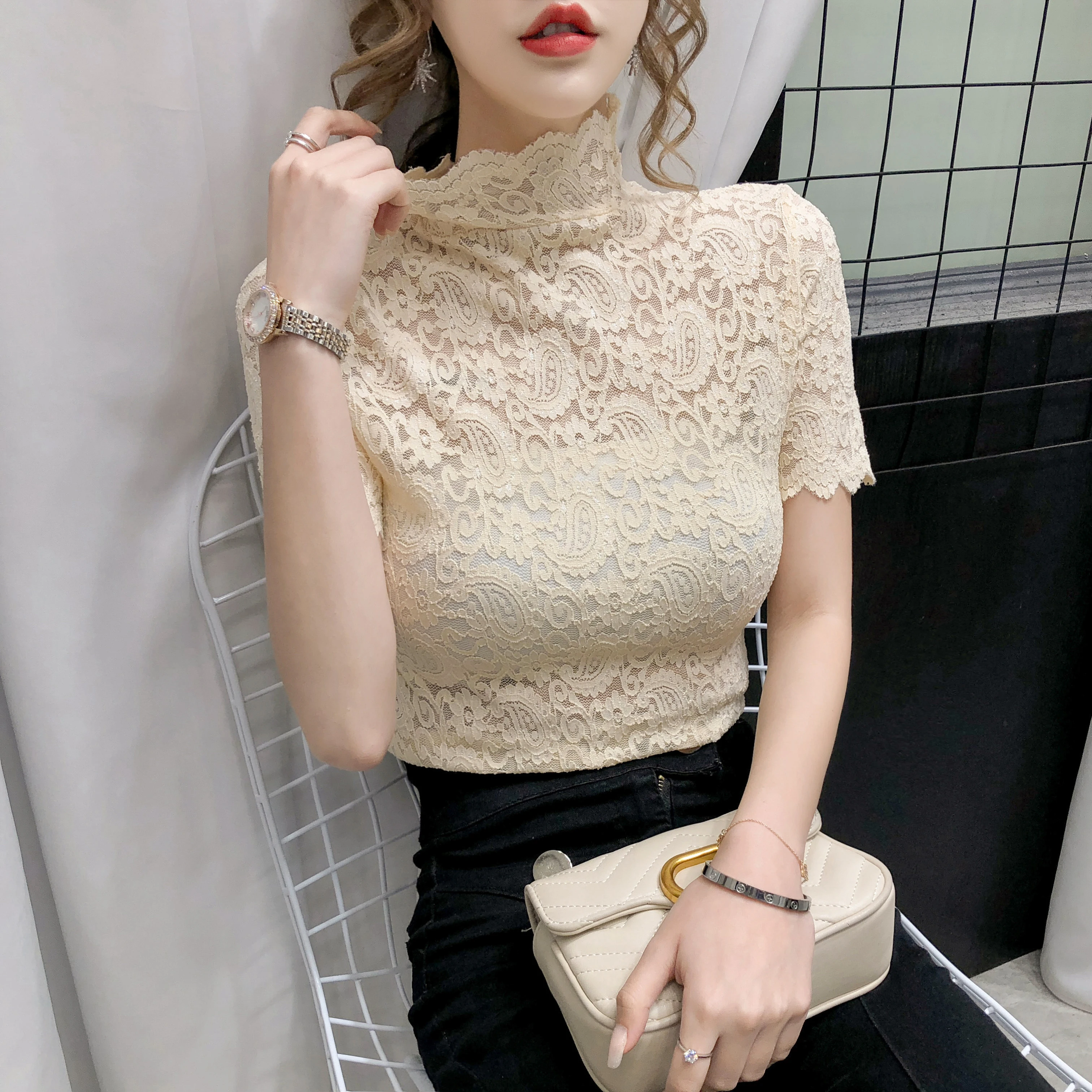 

2020 Summer Women's Sexy Lace Tops High Neck Embroidered Slim T-Shirt Hollow Perspective Fit Air Mesh Short Sleeve Elegant