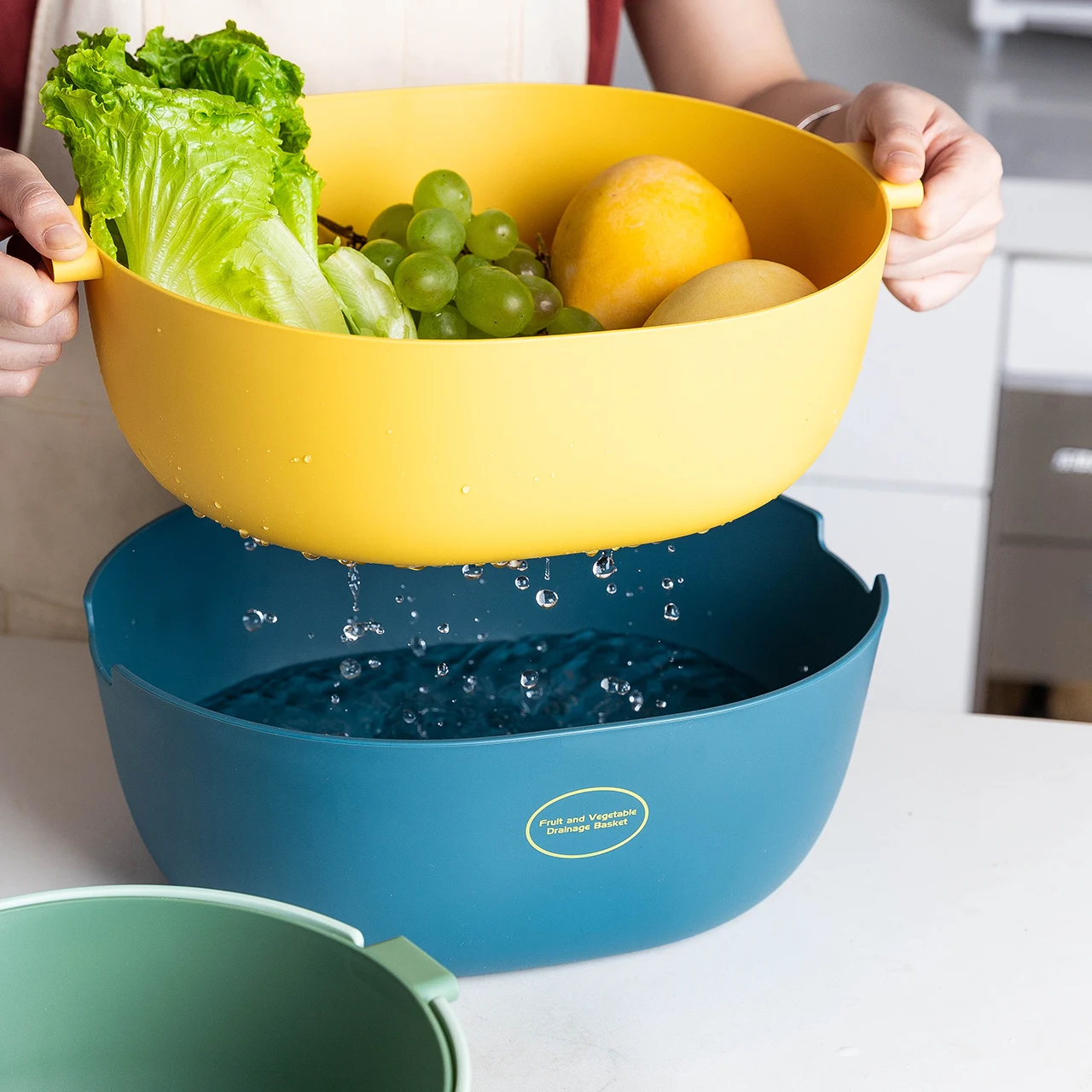 PP Double Kitchen Drain Basket Bowl Rice Washing Colander Baskets Strainers Bowls Drainer Vegetable Fruit Cleaning Tool