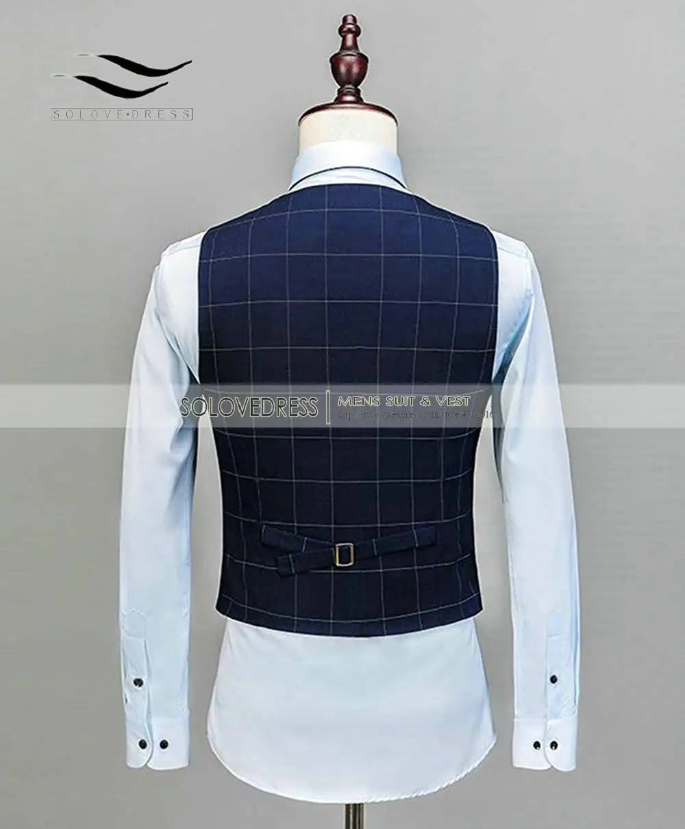 Royal Blue 3 Pieces Mens Suits Plaid Slim Fit Wedding Suits Groom Tweed Wool Tuxedos For Wedding (Jacket+Pants+Vest)